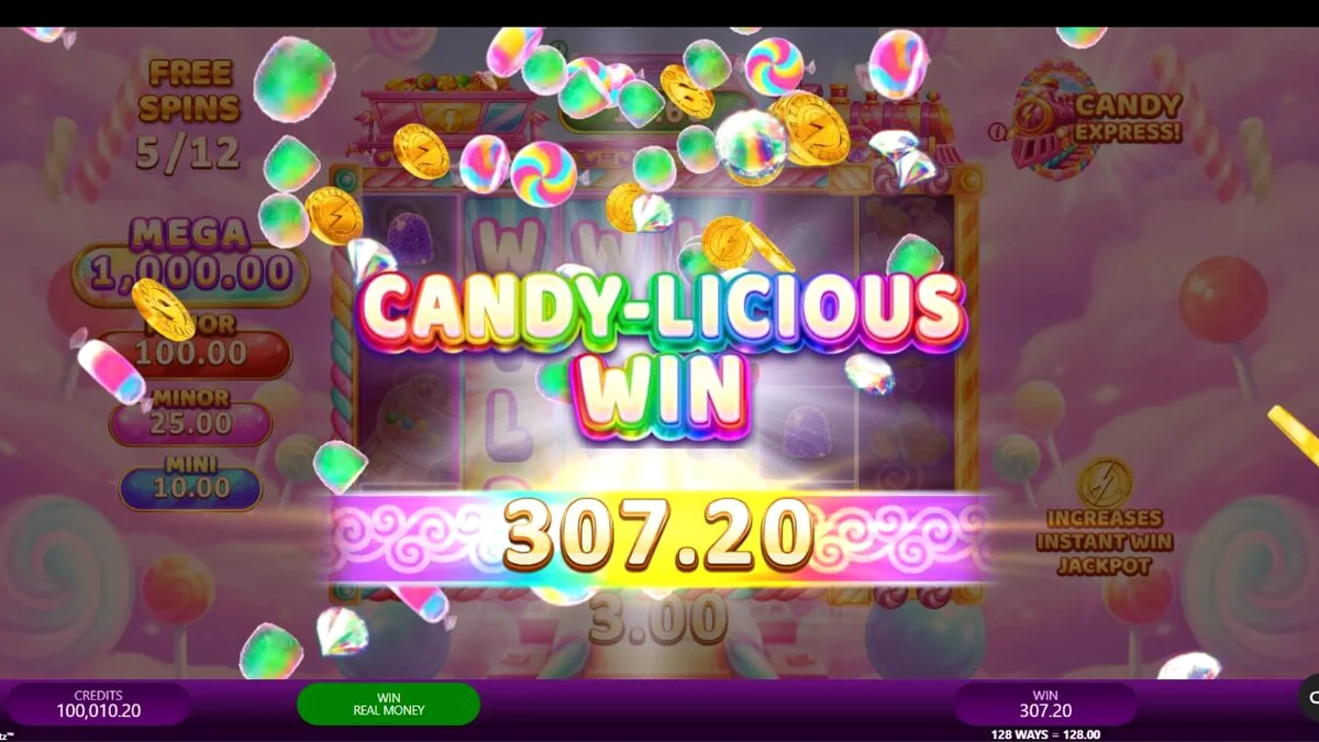 Kereta Candy Express Gold Blitz yang penuh dengan simbol permen warna-warni dan elemen emas yang berkilauan.