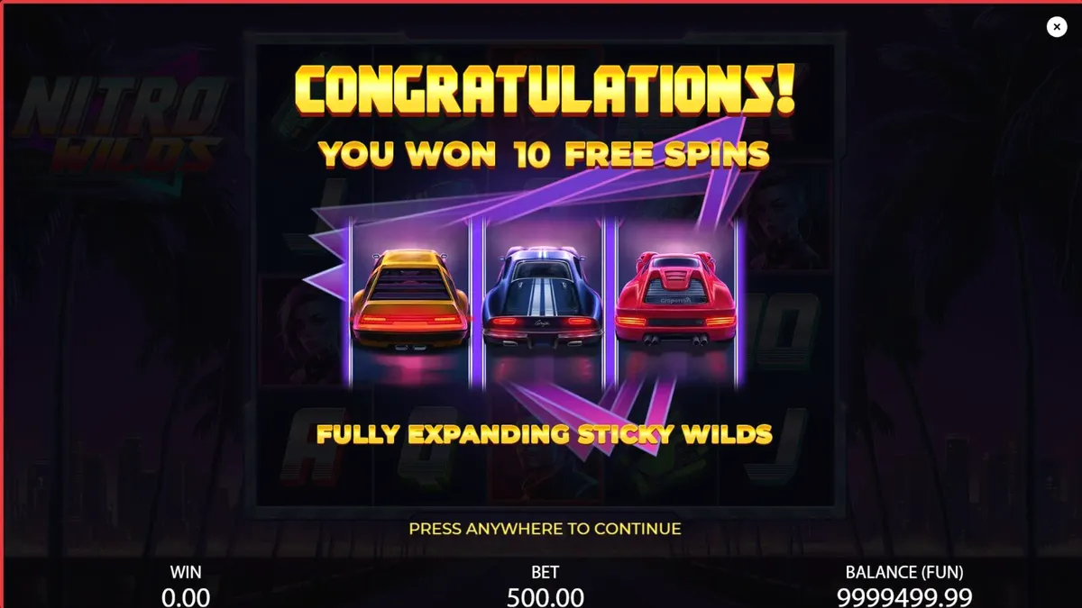 Tampilan visual neon retro pada slot Nitro Wilds dengan simbol balap yang bercahaya.